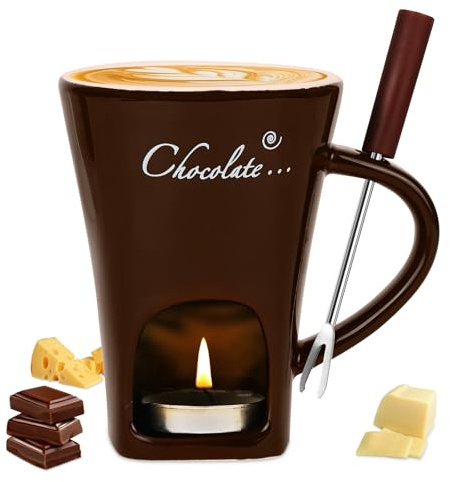 Vicloon Chokladfondue-mugg med gaffel, chokladsmältningskopp, ostvärmare-kopp, keramiska smörsmältningskoppar, personligt ljusljus-fondue-set för hemmet (Brun)