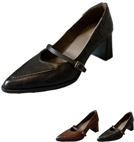 Zapatos Mary Jane de punta puntiaguda para mujer, tacón grueso, tacón grueso, boca poco profunda, tacón de bloque, zapatos de ballet, Black, 37 EU