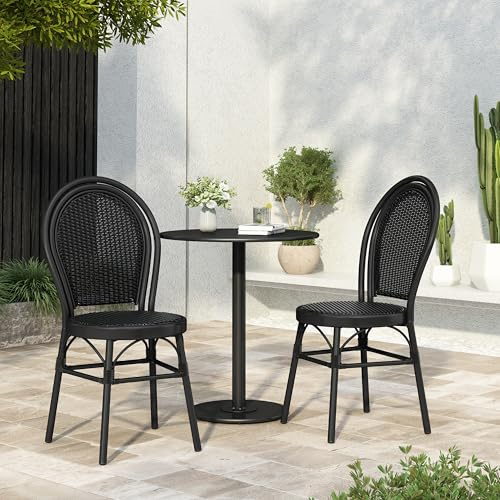 Christopher Knight Home Idle Hour Coastal Outdoor Bistro Chairs Set of 2, Aluminum Patio Dining Chairs Set of 2, Wicker Patio Furniture Amrless Accent Chair for Garden/Backyard/Balcony, Black