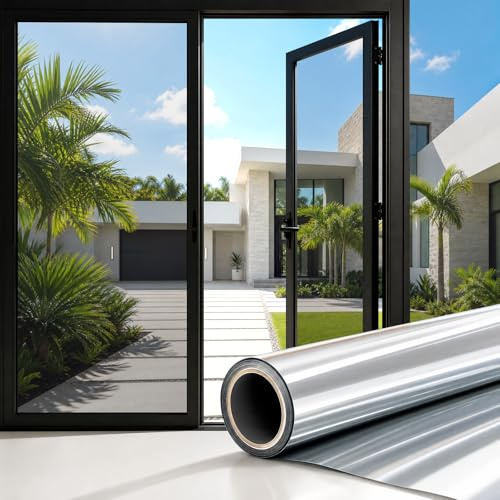 CHEIGHY one way window privacy film static cling mirror tint 44.5x200cm | Heat Reflective, Anti Glare UV Sun Blocker Mirror Window Tint for Home Office, Daytime Privacy See Out Not In, Silver
