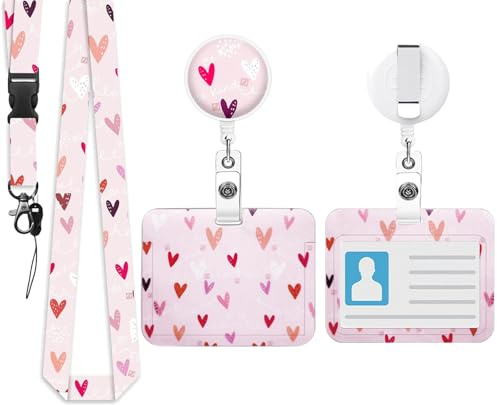 ZILZUFA Porta Tarjetas Identificativas con Lanyard y Carrete Retráctil, Tarjetero Colgante Horizontal Diseño Corazón Rosa, Funda Tarjeta Identificación para Enfermera Estudiantes y Oficina, 1 Set