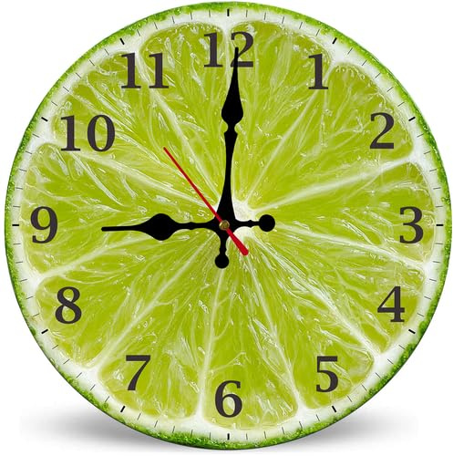 Horienteeon 30 cm väggklocka i trä, grön limeskiva frukt tyst klocka | Nyhet citrusfruktdesign, lätt träplatta. Perfekt för kök, matsal, kafé och livlig heminredning.