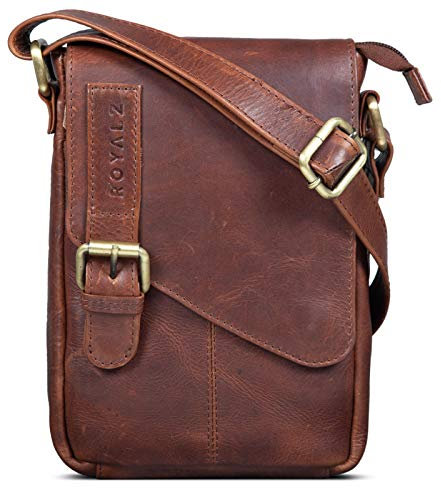 ROYALZ 'Louisiana' Leder Umhängetasche Klein für Männer Herren Ledertasche Mini Seitentasche Vintage Look Tasche zum Umhängen, Farbe:Roma Cognac Braun