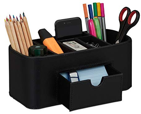 Relaxdays Stiftehalter, Schreibtischorganizer in Lederoptik, 7 Fächer, edler Organizer HxBxT 10,5x26x11,5 cm, schwarz, 10029945_46
