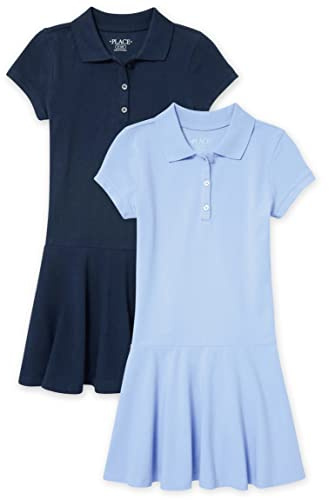 The Children's Place Girls Short Sleeve Picque Polo Dress, Lt Blue/Tidal 2 Pack, Small