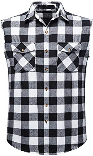 Iris Sprite Ärmlös rutig skjorta för män vardaglig flanell button-down-skjortor lös passform med ficka, Svart-a210, XL
