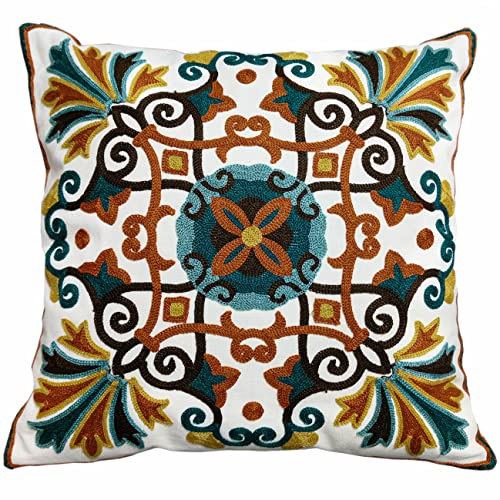 Alysheer Embroidered Decorative Throw Pillow Cover 18x18 inch, Boho Vintage Farmhouse Cottage Embroidery Knit Pattern, 100% Cotton Cushion Case for Sofa Couch Living Room (Floral - Brown Teal)