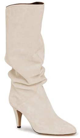 Coutgo Womens Slouchy Knee High Boots Wide Calf Kitten Heel Pointed Toe Pull On Long Boots Winter Shoes,Beige, Size 8