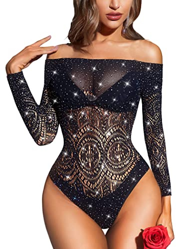 RSLOVE Lingerie pour Femmes Bodysuits en Résille à Manches Longues avec Vue sur Les Pierres du Rhin Teddy Noir Taille Unique