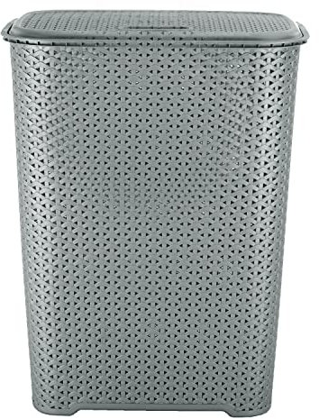 65 Litre Large Laundry Basket with Flip Lid Knit Design Plastic Hamper Washing Baskets Freestanding Sturdy Tall Laundry Sorter Bin Storage Basket Linen Dirty Clothes Bathroom Box (GREY)