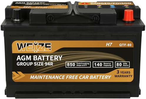 Weize Platinum AGM Battery BCI Group 94R - 12v 80ah H7 Size 94R Automotive Battery, 140RC, 850CCA, 36 Months Warranty, Dimensions 12.4 L x 6.89 W x 7.48 H
