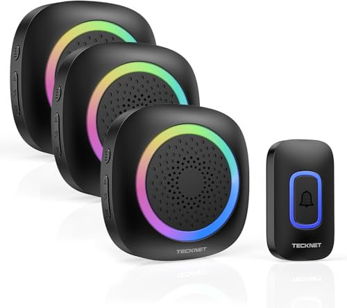 TECKNET Sonnette sans Fil Exterieur Etanche, 400M IP66 Étanche Sonnette sans Fil avec Pile, 3 Récepteur avec Lumière RVB, 60 Mélodies et 5 Niveaux, Carillon sans Fil pour Maison, Hôtel, Urgence, Noir