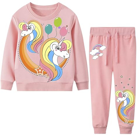 FILOWA Chándal Conjunto Niña Infantil Algodon Mangas Largas Sudadera y Pantalon Deporte Completo Unicornio Estampado Jogging Set Moda Ropa Primavera Otoño Traje Para Niños 3-4 Años, Rosa Claro