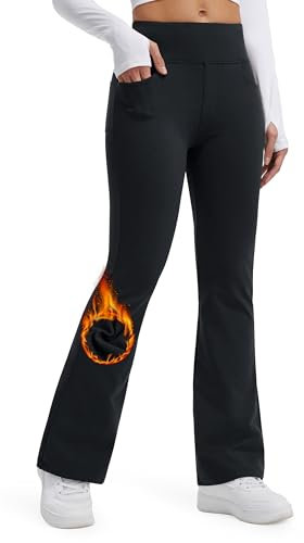 Libin Damen Thermo Flared Leggings Thermohose Wanderhose Wasserabweisend Winter Sporthose Schlaghose Yogahose Bootcut Hose mit Taschen, Schwarz XL