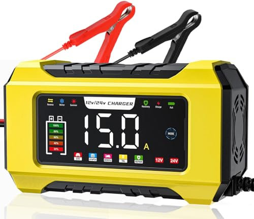 Caricabatteria da 15 A, 12 V, 24 V, caricatore intelligente a 9 livelli, con schermo LCD, per auto, AGM, batterie al piombo e batterie LiFePO4