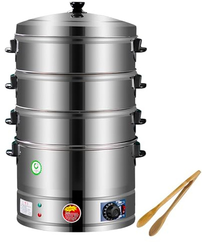 FYDZ Vaporiera elettrica a 3 livelli: acciaio inossidabile, controllo termostato, riscaldamento automatico, per colazione e altro (47 cm)