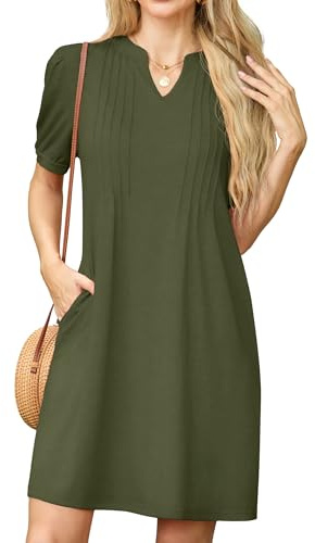 GRECERELLE Womens Dresses Summer Casual Short Sleeve V Neck Shift Dress for Women Ladies T Shirt Dress with Pockets