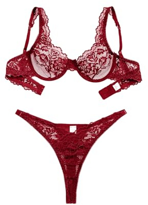 Foxiny Sexy Scallop Floral Lace Mesh Sheer Underwire Lingerie Set 2 Piece M Burgundy Red