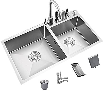 Yngg Lavello da cucina sottopiano in acciaio inox doppio lavabo 82 x 45 cm profondità 20,1 cm resistente ai graffi SUS304 design quadrato per cucine moderne