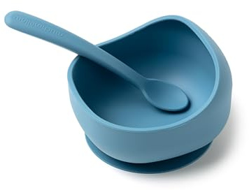 Muchmellow - Set Pappa Silicone MADE IN ITALY 2 Pezzi, Ciotola con Ventosa Anticaduta, Cucchiaio Morbido, Svezzamento, Plastic Free, BPA Free, Lavabile Lavastoviglie (Blu)