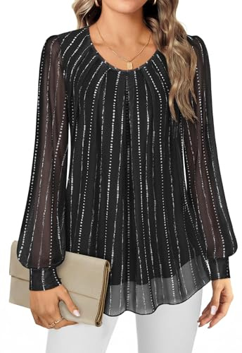 Gemulate Ladies Evening Tops Womens Long Sleeve Tunic Tops Dressy Chiffon Blouses Loose Flowy Crew Neck Chiffon Top Double Layers Mesh T-Shirts Long Top to Wear with Leggings Black Chain XXXL