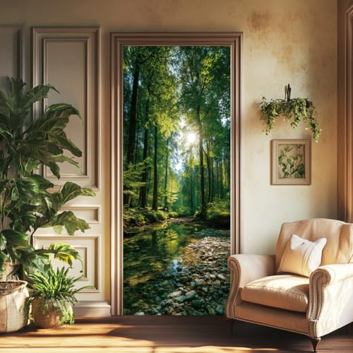 arricraft 2 hojas de adhesivos autoadhesivos para puerta, 80 x 200 cm, diseño de bosque verde, creek, sol, pared, pared, PVC, extraíble, decoración para el hogar, dormitorio, sala de estar