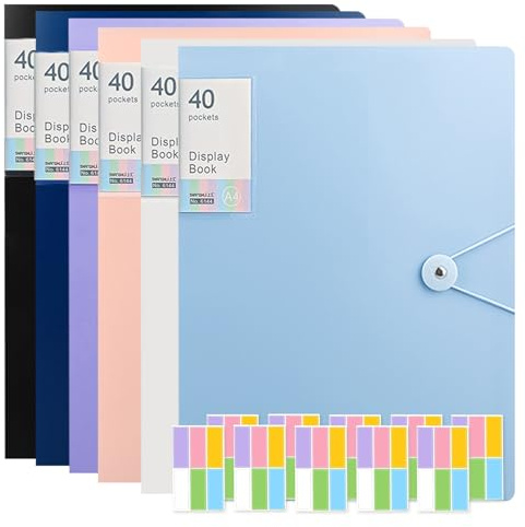 6 x 40 A4 Display Folders with Pockets, Total 240 Pockets A4 Display Book Folder with Plastic Sleeves, Pockets Presentation Folders Document Folder with Stickers for School, Offices, Work