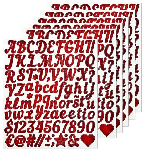 Auroriel 6 Hojas Rojo Brillante Autoadhesivo Letras Vinilo Sticker Alfabeto Números Símbolos DIY Letras Pegajosas para Boda Cumpleaños Puerta Buzón Decoración