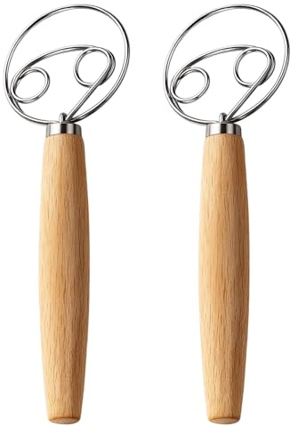 2 Pack Danish Dough Whisk, Professional Bread Whisk with Wooden Handle, 23.5 cm Stainless Steel Dough Mixer for Baking, Pastry Making and Bread Preparation