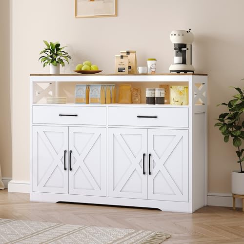 AZJSAHAH Armadio da cucina con piano di lavoro, armadietto a buffet con 2 cassetti, credenza a 4 ante e armadietto aperto da cucina, soggiorno, sala da pranzo (bianco)