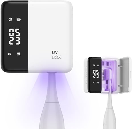 ORIA Porta Cepillo de Dientes con Esterilizador UV, Soporte para Cepillo de Dientes Montado en la Pared con Pantalla LED con Secado por Aire Caliente y Recargable