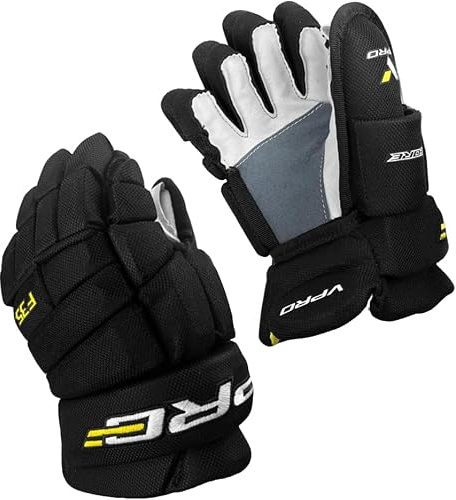 VPRO Ice Hockey Gloves - Black with White Accents, Nylon Shell with Shock Absorbing FoamSweat Absorbing Lining (F35/13)