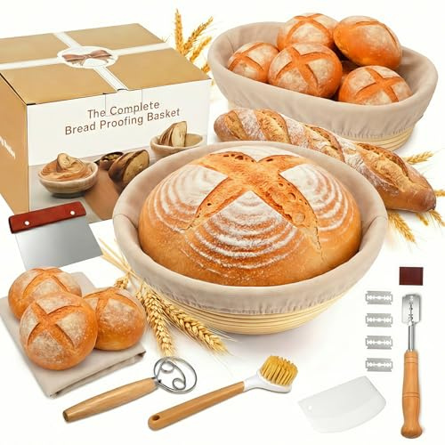 Set per pane lievito e cottura - Gärkorb cestini rotondi e ovali, cestini per lievitazione in rattan, set completo di accessori per la cottura in casa