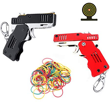 2 Stück Gummibandpistole Spielzeug Easy Load Faltbare handgefertigte Spielzeugpistole Mini Metallgummipistole mit Schlüsselbund und 200 elastischen Gummibändern