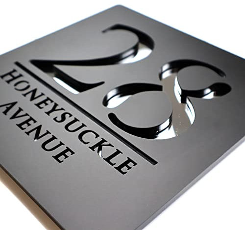 K Smart Sign | Bellissima S1 | 180mm x 180mm | Matt Black & Chrome 3d Laser Cut Contemporary house sign door number plaque address signs