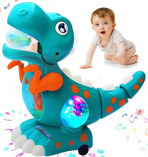 Baby Dinosaur Crawling Toy, Light Up Musical Walking Dino with Automatic Obstacle Avoidance,Tummy Time Sensory Toy to Encourage Crawling,Birthday Easter Gift for Toddler Boys Girls