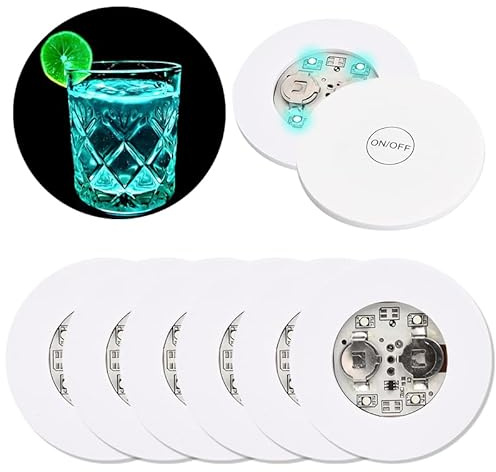 Jinlaili 6 Pezzi Sottobicchiere a LED, Sottobicchieri Illuminati Colorato per Bevande, Adesivi a Led per Bottiglia 7 colori Sottobicchieri a LED per Bevande, per Caffè, Tè, Birra, Bottiglia di Vino