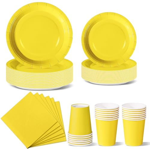 Nkaiso Stoviglie per Feste 96 Pezzi Giallo Festa della Addobbi Ragazza di Compleanno dei Dambini Articoli per Feste Set Include Piatto Usa e Getta di Carta Party Tazze Tovaglioli -24 Ospiti