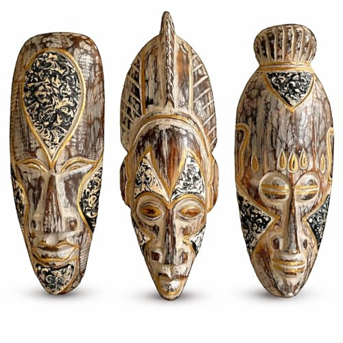 OMA Set Of Three African Decorative Masks For Fortune And Luck Wooden Hand Crafted Tiki Tribal Home Decor Gift - 12 High
