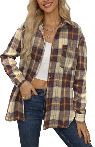 NONSAR Blusa a cuadros para mujer, con botones, manga larga, Oktoberfest, blusa a cuadros, túnica, informal, cuello en V, camisa de franela, XXL