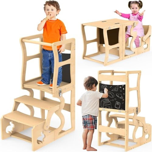 HEYOUTH Torre Montessoriana Bambini,Torre di Apprendimento Pieghevole,Learning Tower in Legno,3 in 1 Sgabello Bambini,con Lavagna,Pieghevole Torre didattica,Convertibile in Tavolo+Sedia,Portata 50kg