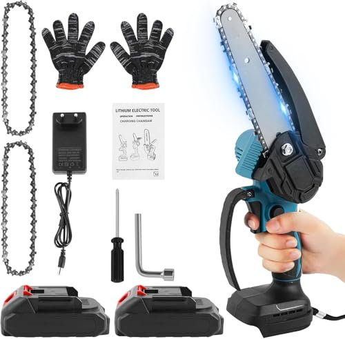 Motosierra Bateria 6 Pulgadas, Mini Motosierra Bateria 18V, Motosierras Eléctrica con 2 x 1500*5mAh Baterías y 2 Cadenas, Motosierra de Mano Portátil Lnalámbrica para Podar Árboles de Jardinería y Ma