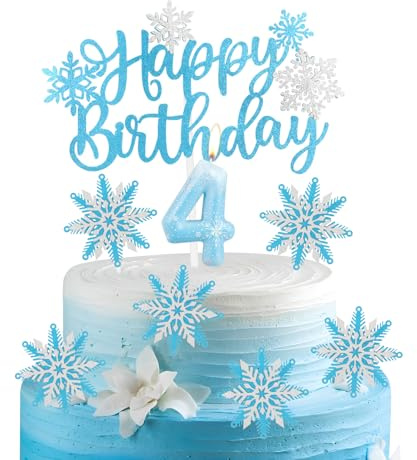 Juego de velas Frozen 4 para tarta de cumpleaños, velas con número 4 de copo de nieve para tarta, decoración de tarta Frozen, velas azules con copo de nieve para decoración de tarta de 4 años para