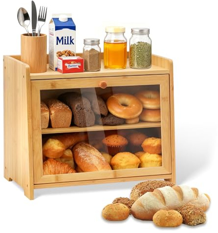 MAIJIAJU Panera de bambú de 2 niveles, con ventana de cristal templado transparente y capa extraíble, caja de pan grande, caja de almacenamiento para conservar el pan y la cocina para una frescura