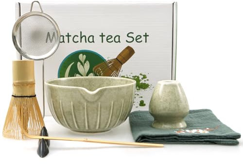 Matcha-set, 7 stycken Matcha-visp-set, matcha teset med tesked, kvasthållare, skedhållare, matchaskål, tehandduk, sil, japanska tillbehör för matcha-ceremonien, gåva till matcha-älskare (B)