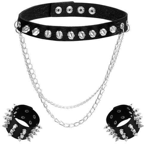 PEOVLVN 3Pcs Leather Spike Choker Studded Bracelet Set Adjustable Choker Collar Goth Necklace Bracelets for Men Women 80s Punk Accessories