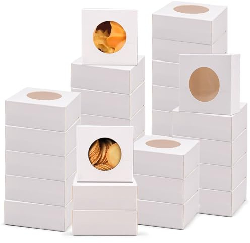 OGMBI 100 Stück Mini Gebäckschachteln mit Sichtfenster, 7,5 x 7,5 x 3 cm Weiße Pralinen Verpackung aus Karton, Kleine Kuchenbox für Macarons, Donuts, Trüffel, Bonbons, Seifen, Party-Geschenke