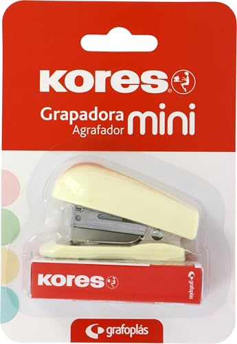 Kores - Mjuk gul mini häftapparat + 1 000 häftklamrar 24/6, kompatibel med 26/6, kompakt storlek 6 x 4,5 x 3 cm, kapacitet 12 ark 80 g, häftavstånd 17 mm, perfekt som kontors- och skolmaterial