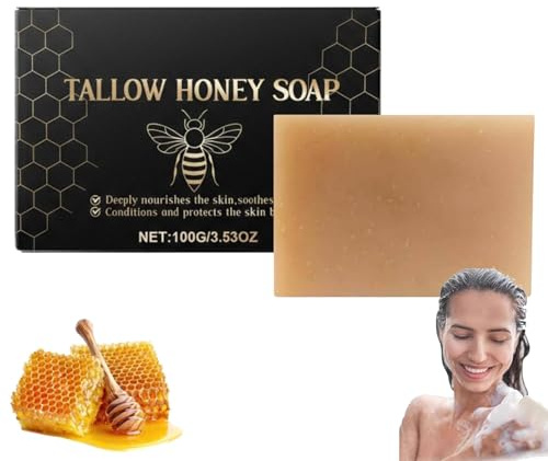 Organic Beef Tallow Soap Bar with Raw Honey, Beef Tallow Skin Care, Nature Multi Use Tallow Bar for Dark Spots, Deep Cleaning, Hydrating and Nourishing, Tallow Soap for Face and Body (1)