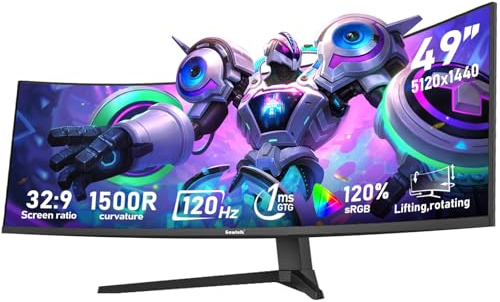 Gawfolk 49 inch Ultra-Wide Curved 1500R Gaming Computer Monitor, DQHD(5120×1440), 120Hz, 1MS, Adaptive Sync, 120% sRGB, Height Adjustable PC Screen, HDMI 2.1& DP, Compatible Wall Mount 75*75mm-Black